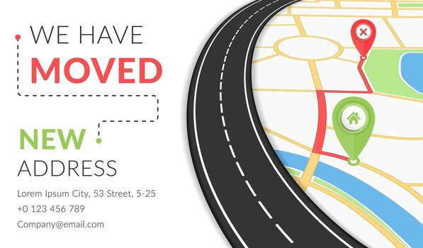 We have moved concept with map, road and map pins with cross and house symbols vector