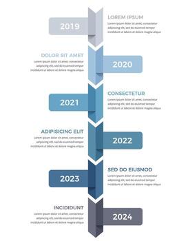 Vertical timeline infographics template with six arrows with place dates and text vector