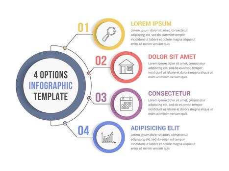 Circle infographic template with four numbered steps or options, workflow or process diagram vector