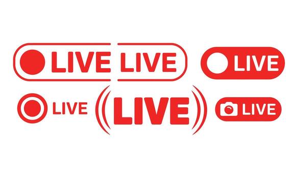 Red Live Stream Icons on White Background, Broadcast Button Symbols, Streaming Element vector