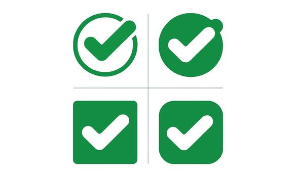 Checkmarks Green Icons Set, Approve Symbol, Square and Circle Shape vector