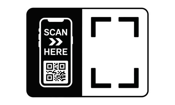 escanear aquí icono presentando móvil teléfono, qr código, escanear símbolo en negro y blanco vector