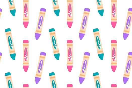 Playful repeating pattern with pink, purple, and teal crayons in diagonal layout vector
