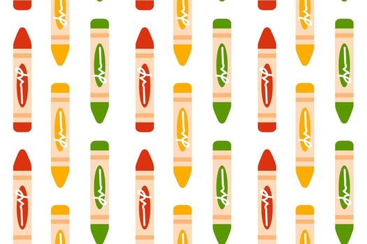 Bright repeating pattern featuring crayons in warm bold colors on white background vector