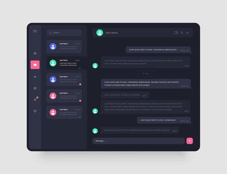 Dashboard Design with chat, social media, online messenger kit. App interface with UI and UX elements. Use design for web application, desktop app or website. Dark mode. vector