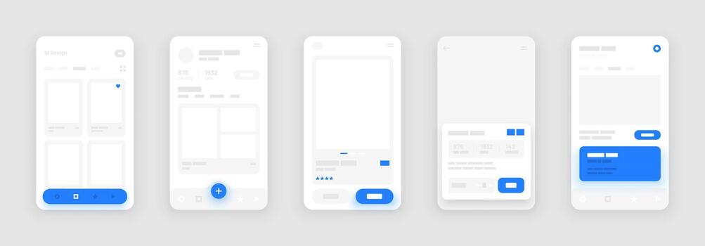 UI Kit elements for mobile app concept. Use for social media, online store, hotel reservation. Wireframes screens. Flowchart. vector