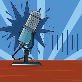 Retro microphone on a stand illustration template graphic design. Sound Wave Graphic Burst Background Podcast and Recording for entertainment concept with beautiful cartoon style vector