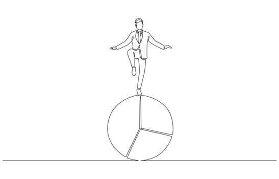 continuo uno línea dibujo de un empresario equilibrio en parte superior de un segmentario tarta cuadro, simbolizando delicado Actuar de gerente negocio actuación y financiero estabilidad, soltero línea Arte vector