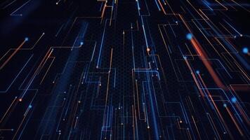 abstrakt tech 3d krets styrelse styled bakgrund med snabb rör på sig blå och bärnsten knutpunkter strömning digital data. detta modern teknologi rörelse bakgrund är en sömlös slinga. video