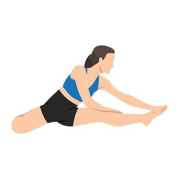 Seated hamstring stretch by extending one leg forward while bending the other. vector