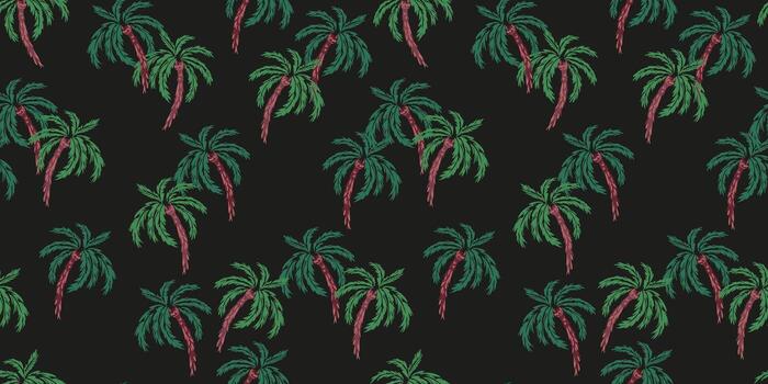 Seamless tropical palm tree pattern with a black background. The design features lush green palm leaves, creating a bold, exotic, and stylish look. Perfect for summer fashion, textiles vector
