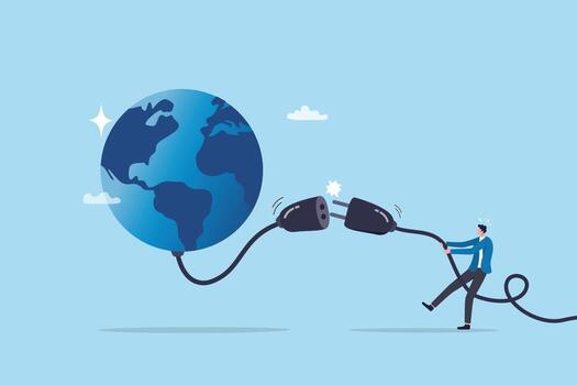 Disconnect from world network, internet or distraction, unplug or offline communication, isolate from social media, withdraw or torn apart concept, businessman unplug the world internet connection. vector