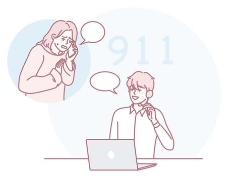 Interacción Entre el emergencia llamada centrar y el 911 operador durante crisis y emergencias vector