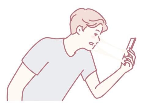 A frustrated user is engaged with their phone, showing modern struggles with technology vector