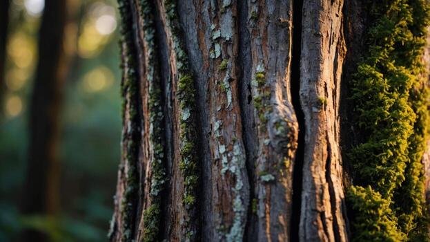 Close-up of a textured tree trunk covered in moss, illuminated by soft sunlight in a serene forest photo