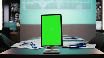 tömma företag arbetsyta med en digital krom nyckel skärm på läsplatta, strategi rum sent på natt Begagnade för företags- planera och data recension. prestanda prognostisering för företag Framgång. video