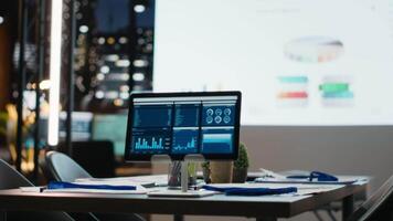 vuoto ufficio Caratteristiche moderno utensili visualizzazione analitica dopo ore, previsione metrica per garantire azienda strategia produttività. dati icone e prestazione indicatori per supporto crescita. video