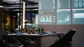 professionale spazio di lavoro nel un' multinazionale impresa Spettacoli un vuoto buio ufficio dopo ore, raggiante con dati approfondimenti, previsione proiezioni e digitale grafici per attività commerciale pianificazione. video