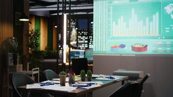 Projektion Tafel Laufen Daten Einsichten im leeren dunkel Büro spät beim Nacht, Prognose finanziell Situation und gewährleisten Ziele Leistung mit Indikatoren. Sitzungssaal Berichterstattung. video
