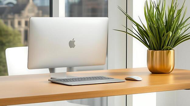 Modern workspace featuring a sleek computer setup with greenery and city view in background photo