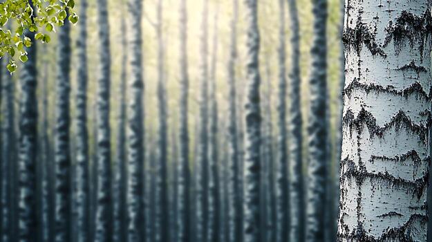 Serene birch forest with soft light filtering through trees, creating a tranquil atmosphere photo