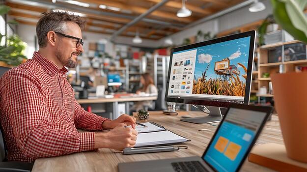 Man working in a modern office, designing visuals on a computer with colleagues nearby photo
