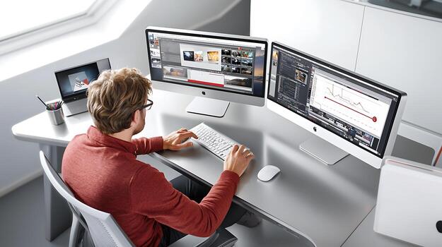 Man working on dual monitors in a modern office, analyzing data and editing content photo