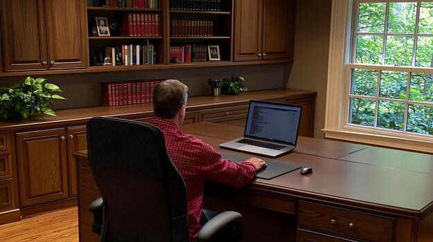 hombre trabajando a un escritorio en un hogar oficina, enfocado en computadora pantalla con estantería en antecedentes foto