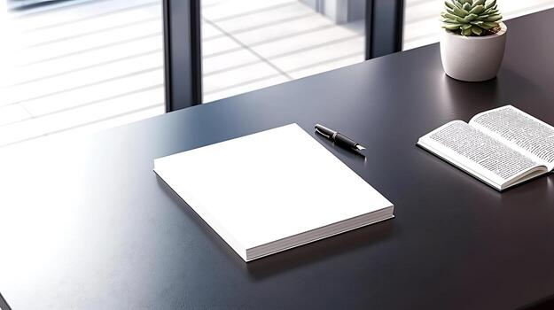 Minimalistic workspace featuring a blank notepad, pen, and open book with a plant in the background photo