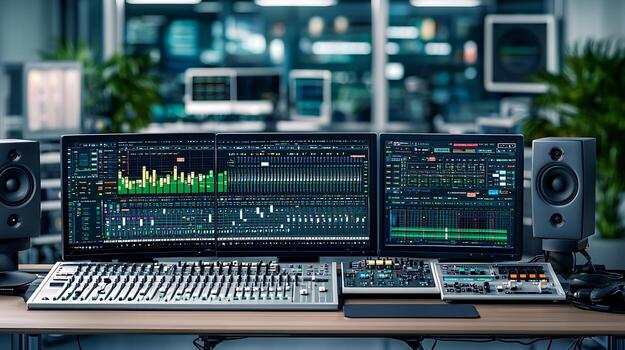 Modern audio mixing console with multiple screens displaying sound waveforms and data in a studio photo