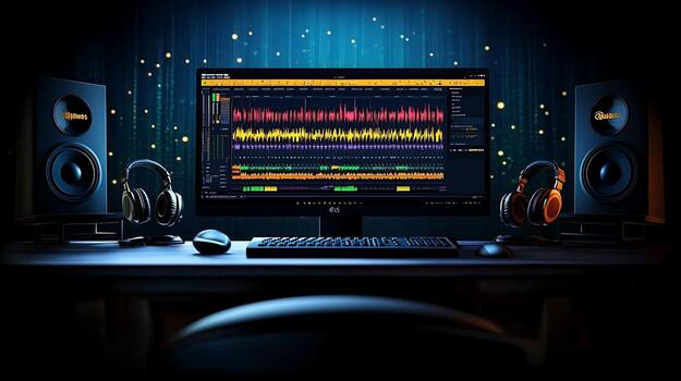 Modern audio production setup featuring a vibrant sound wave display on a computer screen photo
