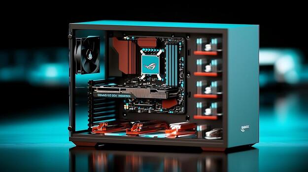Modern computer case showcasing advanced hardware components with vibrant lighting effects photo