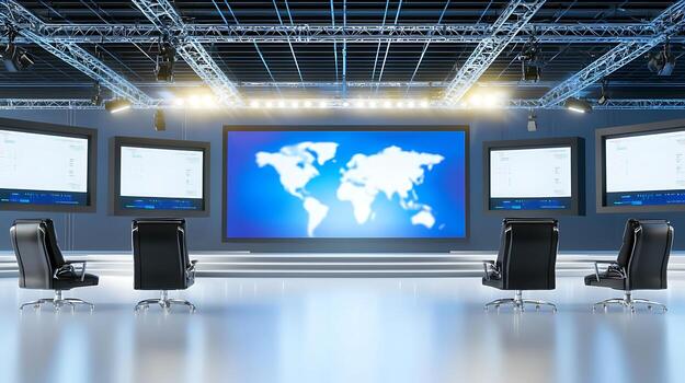 Modern conference room setup with world map display and multiple screens for presentations photo