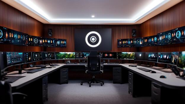 Modern control room featuring multiple screens displaying data and visuals, with a central logo photo