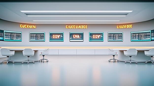 Modern control room with digital screens displaying data and metrics in a sleek, futuristic environment photo