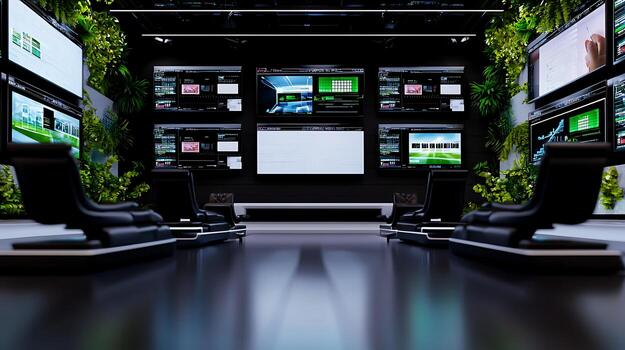 Modern control room with multiple screens displaying data and lush green plants in the background photo