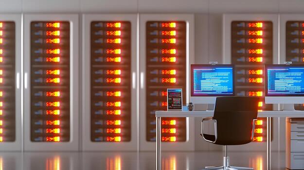 Modern data center with illuminated server racks and computer workstations in use photo