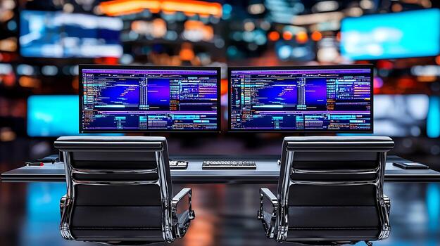 Modern dual-monitor workspace showcasing data analysis in a vibrant, tech-driven environment photo