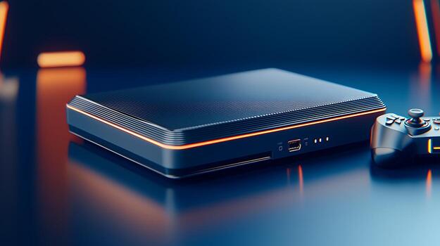 Modern gaming console with a sleek design, illuminated edges, and a controller on a vibrant background photo