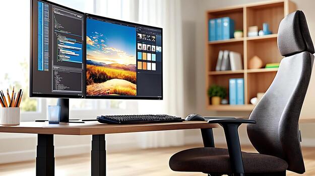 Modern home office setup featuring dual monitors displaying vibrant landscapes and coding software photo