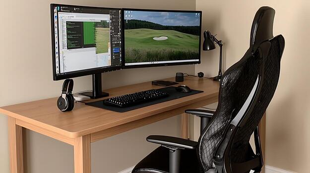Modern home office setup featuring dual monitors displaying a golf course and coding interface photo