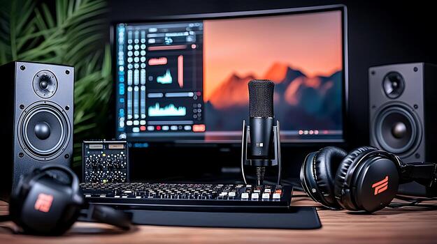 Modern home studio setup showcasing microphone, speakers, and computer with audio editing software photo