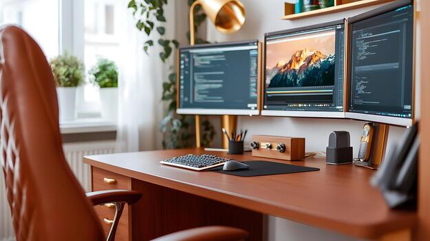 Modern home office setup with dual monitors displaying coding and a scenic mountain background photo
