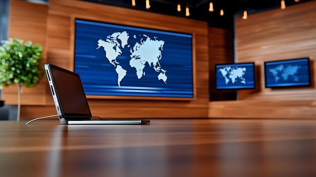Modern office setting featuring a laptop and world map backdrop with screens displaying data photo