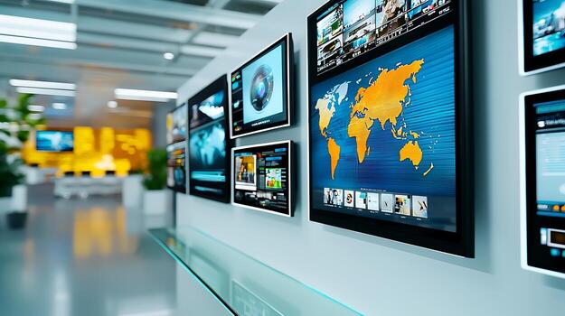 Modern office space featuring multiple digital screens displaying global maps and data visuals photo
