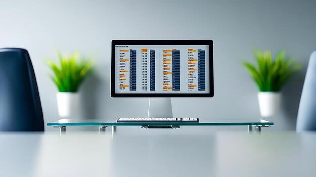 Modern office workspace featuring a computer displaying data analysis on a glass table photo