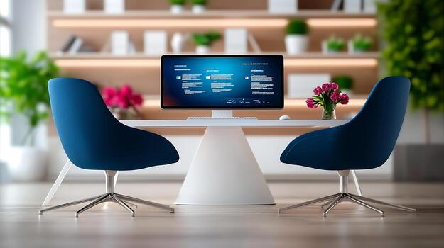 Modern office workspace featuring a sleek table, chairs, and computer setup with greenery photo