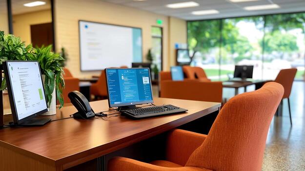 Modern office workspace featuring computers and seating with greenery visible outside photo