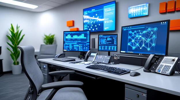 Modern office workspace featuring multiple screens displaying data analytics and graphs photo