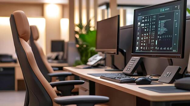 Modern office workspace featuring sleek computers and ergonomic chairs, with greenery in the background photo
